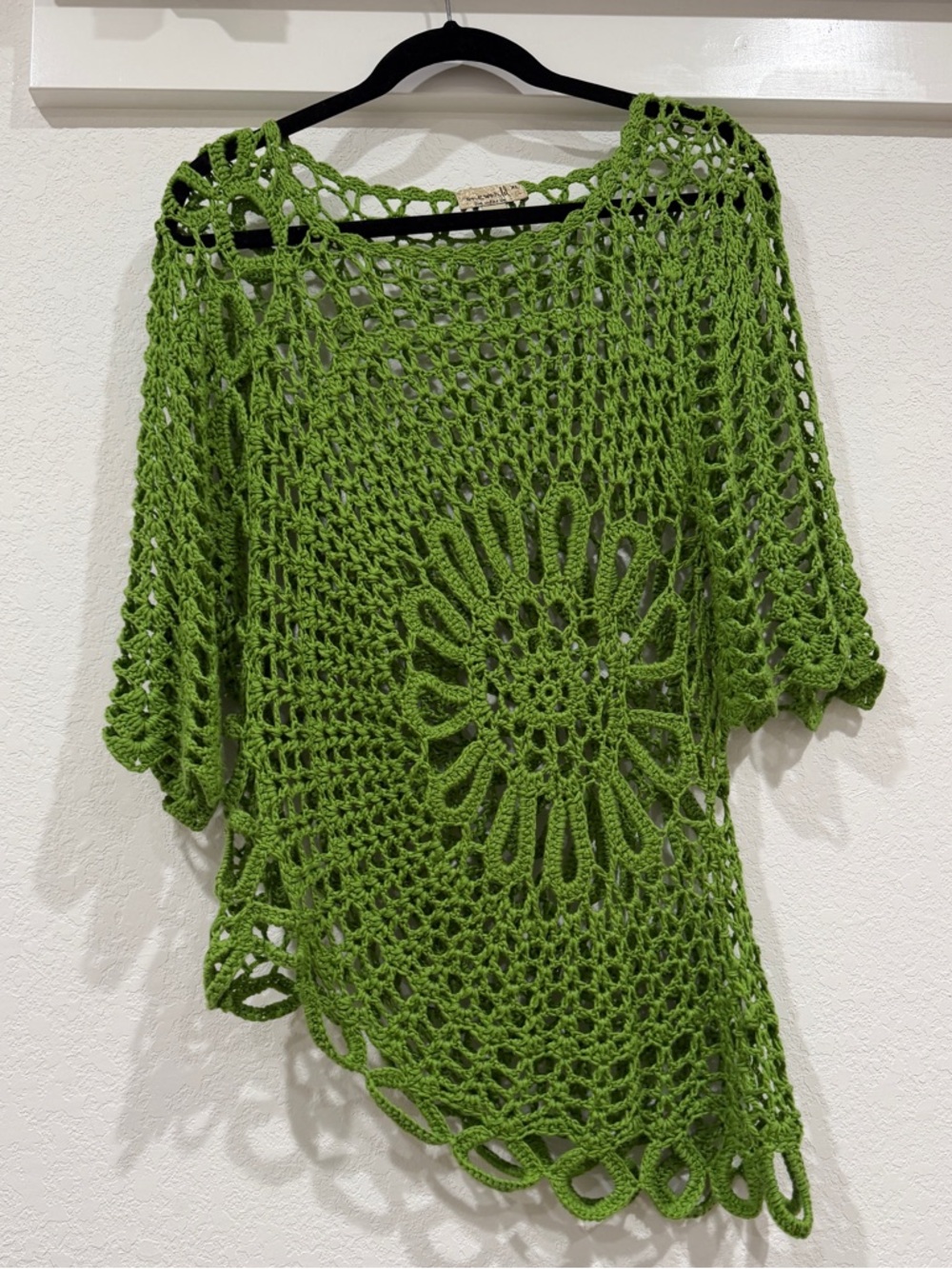 One World Green Crochet Knit Boho Top